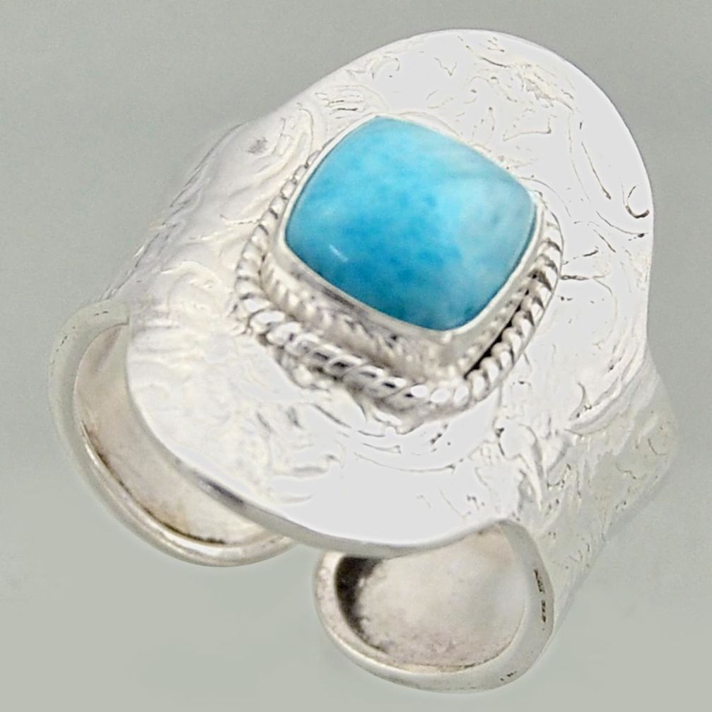 3.29cts natural blue larimar silver solitaire adjustable ring size 9.5 r16392