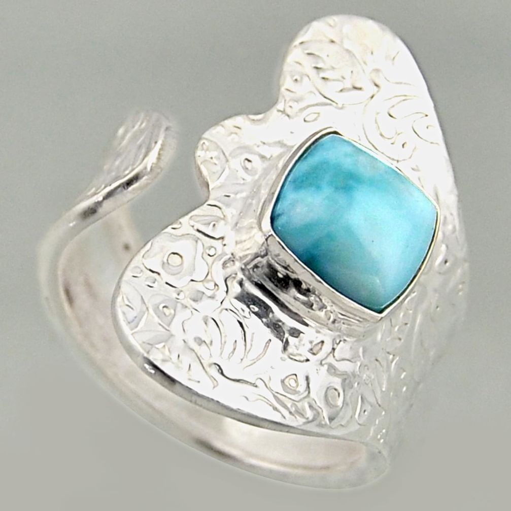 3.40cts natural blue larimar 925 silver solitaire adjustable ring size 8 r16396