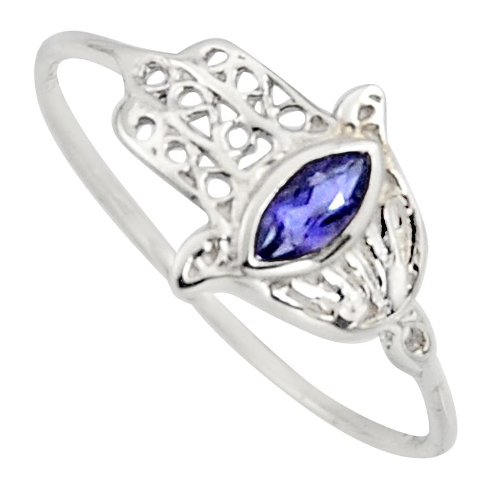 0.41cts natural blue iolite 925 silver hand of god hamsa ring size 9 r7701