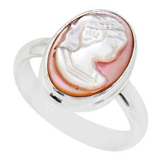 5.12cts natural pink cameo on shell 925 silver lady face ring size 7.5 r80471