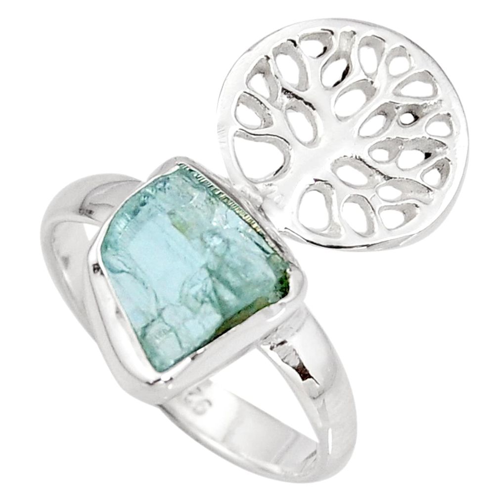 Natural aqua aquamarine rough silver solitaire tree of life ring size 7.5 r8794