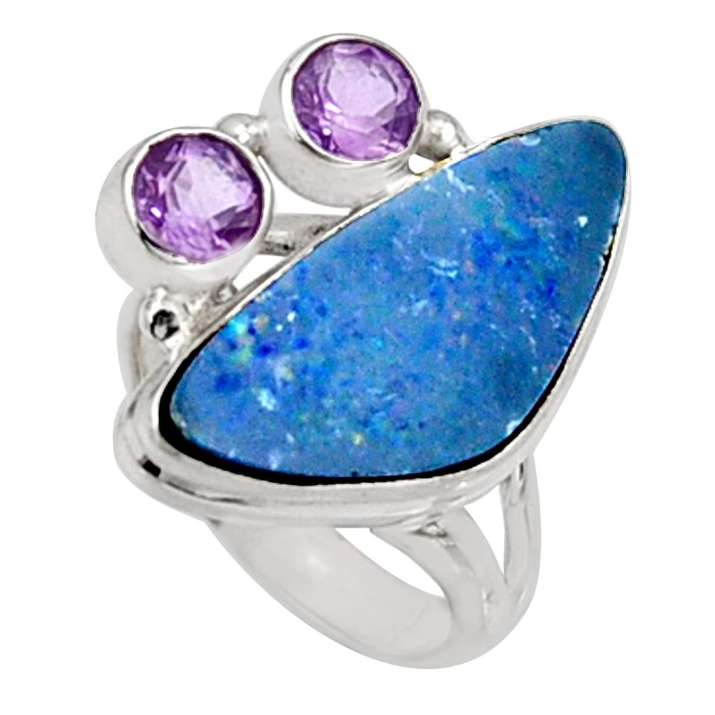 925 silver 8.25cts natural blue doublet opal australian ring size 6.5 r9139