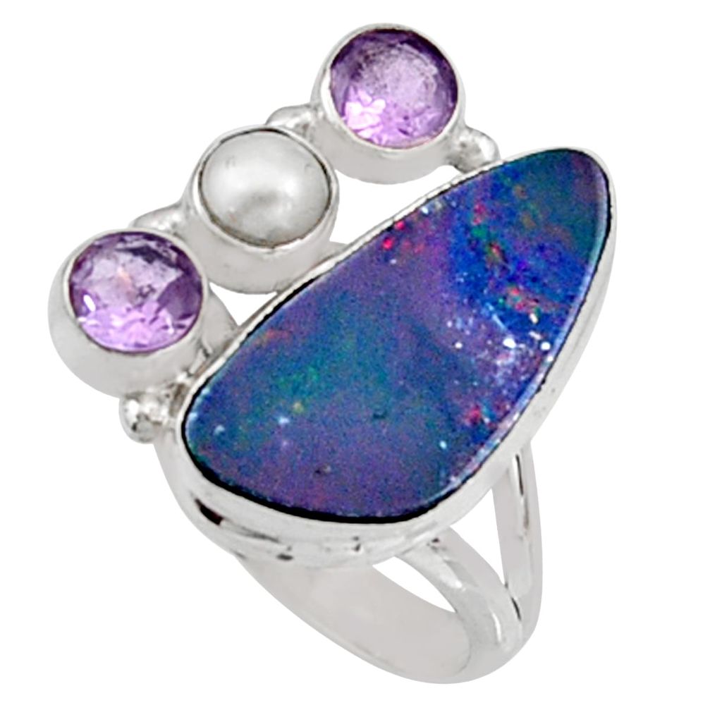 9.07cts natural blue doublet opal australian 925 silver ring size 8.5 r9140