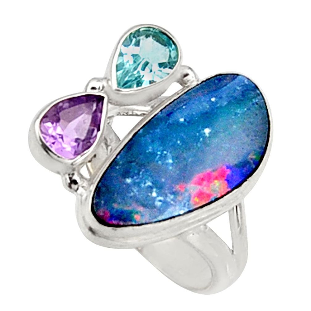 925 silver 8.25cts natural blue doublet opal australian ring size 6.5 r9144