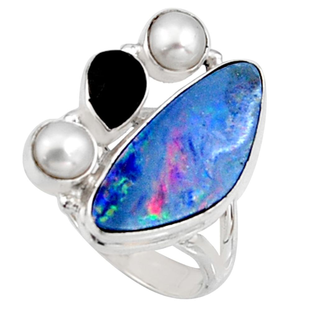 9.07cts natural blue doublet opal australian onyx 925 silver ring size 7 r9152
