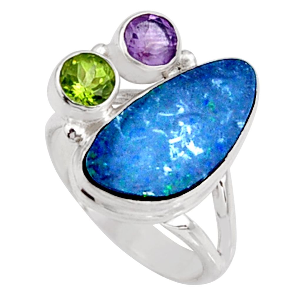 7.97cts natural blue doublet opal australian 925 silver ring size 8 r9156