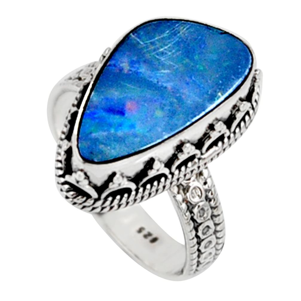 6.26cts natural blue doublet opal australian silver solitaire ring size 8 r9176