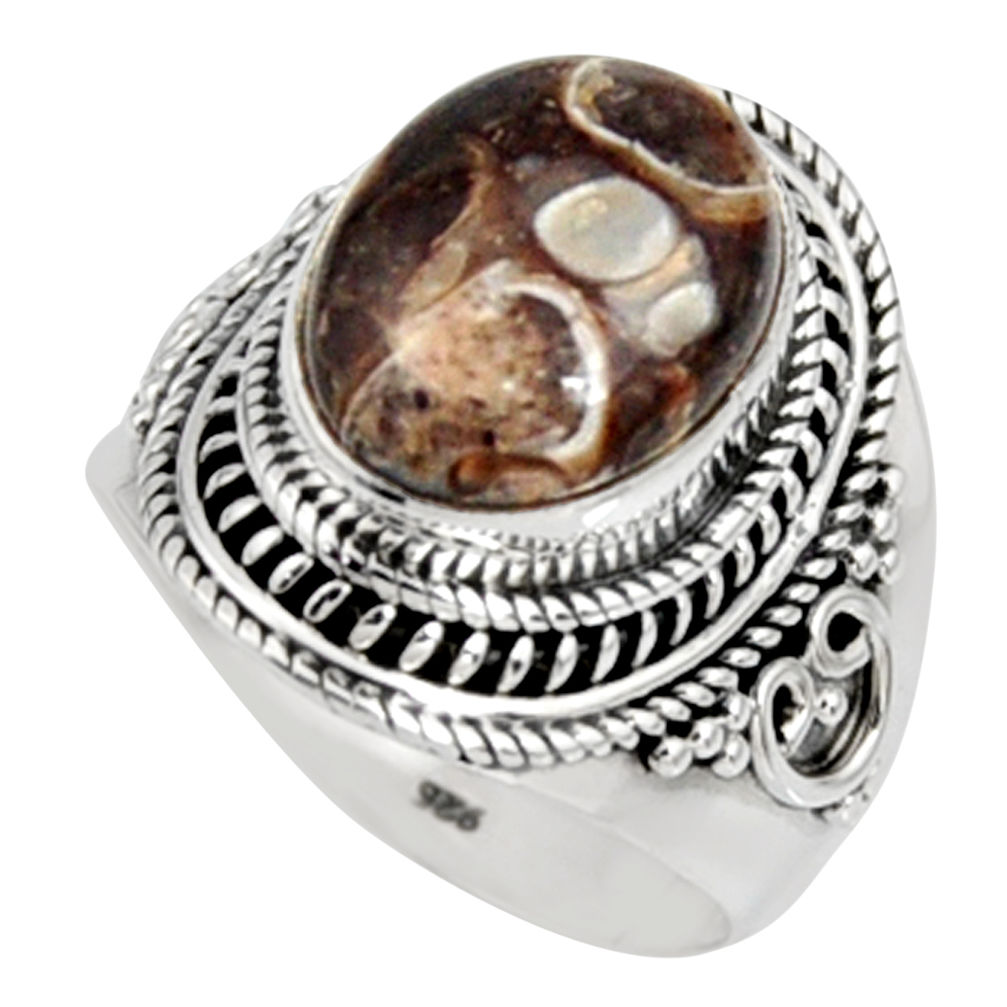 Natural turritella fossil snail agate 925 silver solitaire ring size 8 r9798