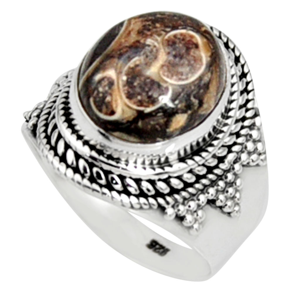 Natural turritella fossil snail agate 925 silver solitaire ring size 7 r9800
