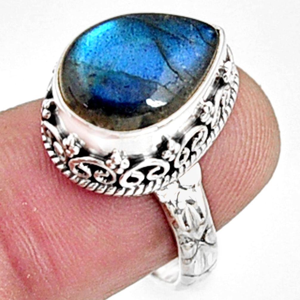 925 silver 6.32cts natural blue labradorite pear solitaire ring size 7.5 r9858