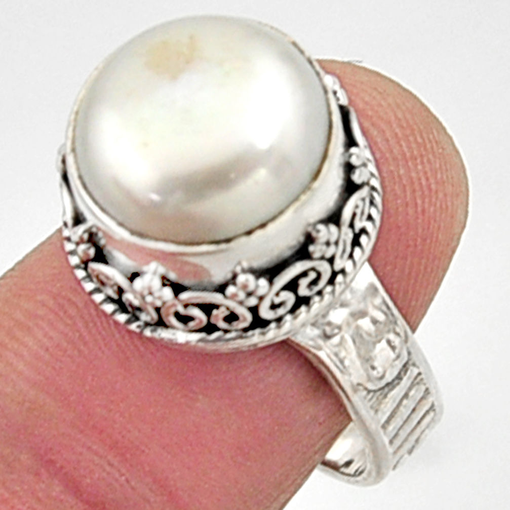 7.38cts natural white pearl 925 sterling silver solitaire ring size 7.5 r9975