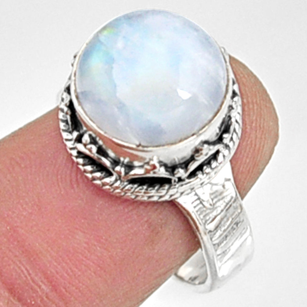 6.08cts natural rainbow moonstone round 925 silver solitaire ring size 7.5 r9987