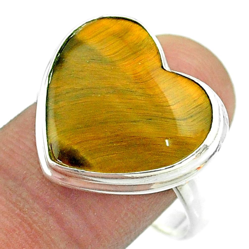 14.88cts solitaire natural brown tiger's eye heart silver ring size 10.5 t54079