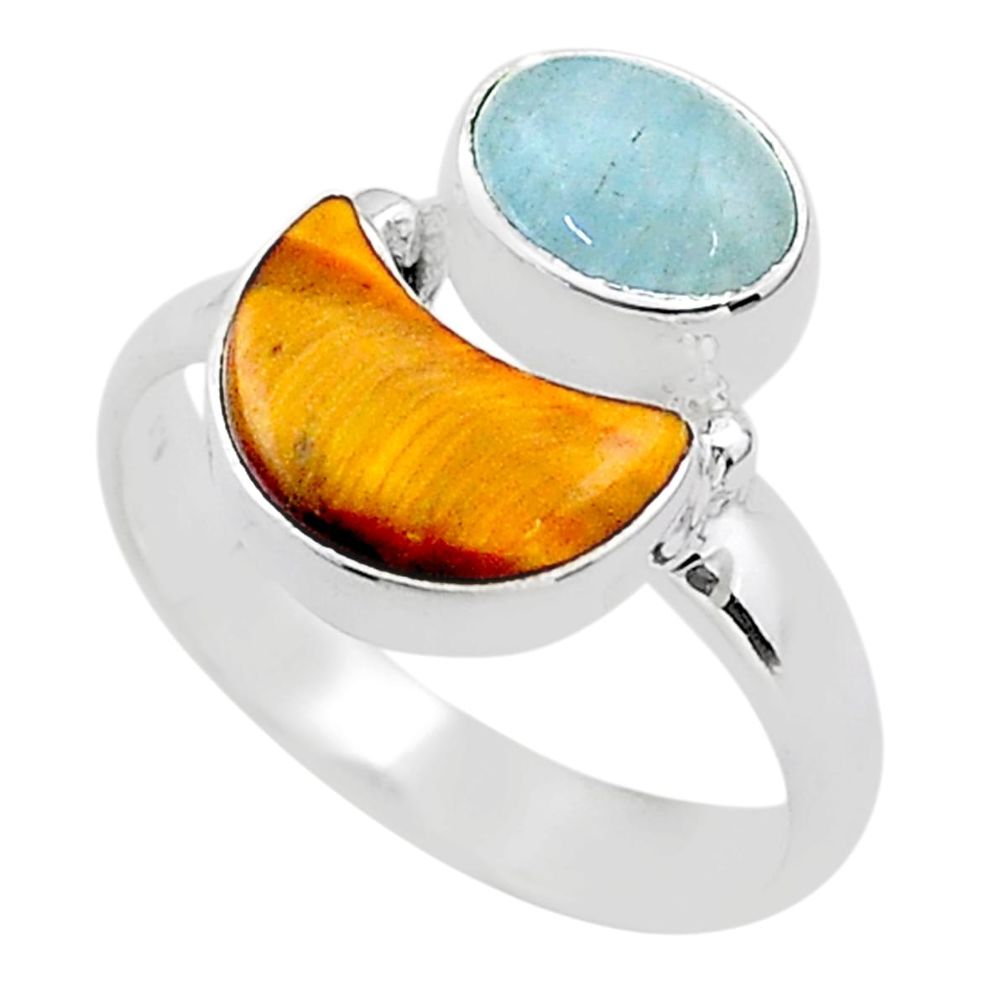 6.80cts moon natural blue aquamarine tiger's eye 925 silver ring size 7 t68820