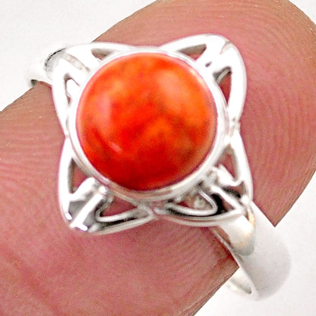 925 silver 3.06cts solitaire natural red sponge coral round ring size 8 t89496