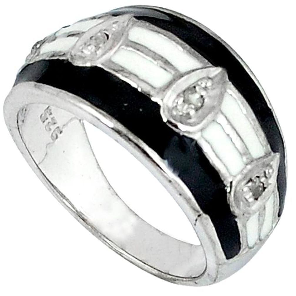 Vintage natural white diamond black enamel 925 silver band ring size 10 v1183