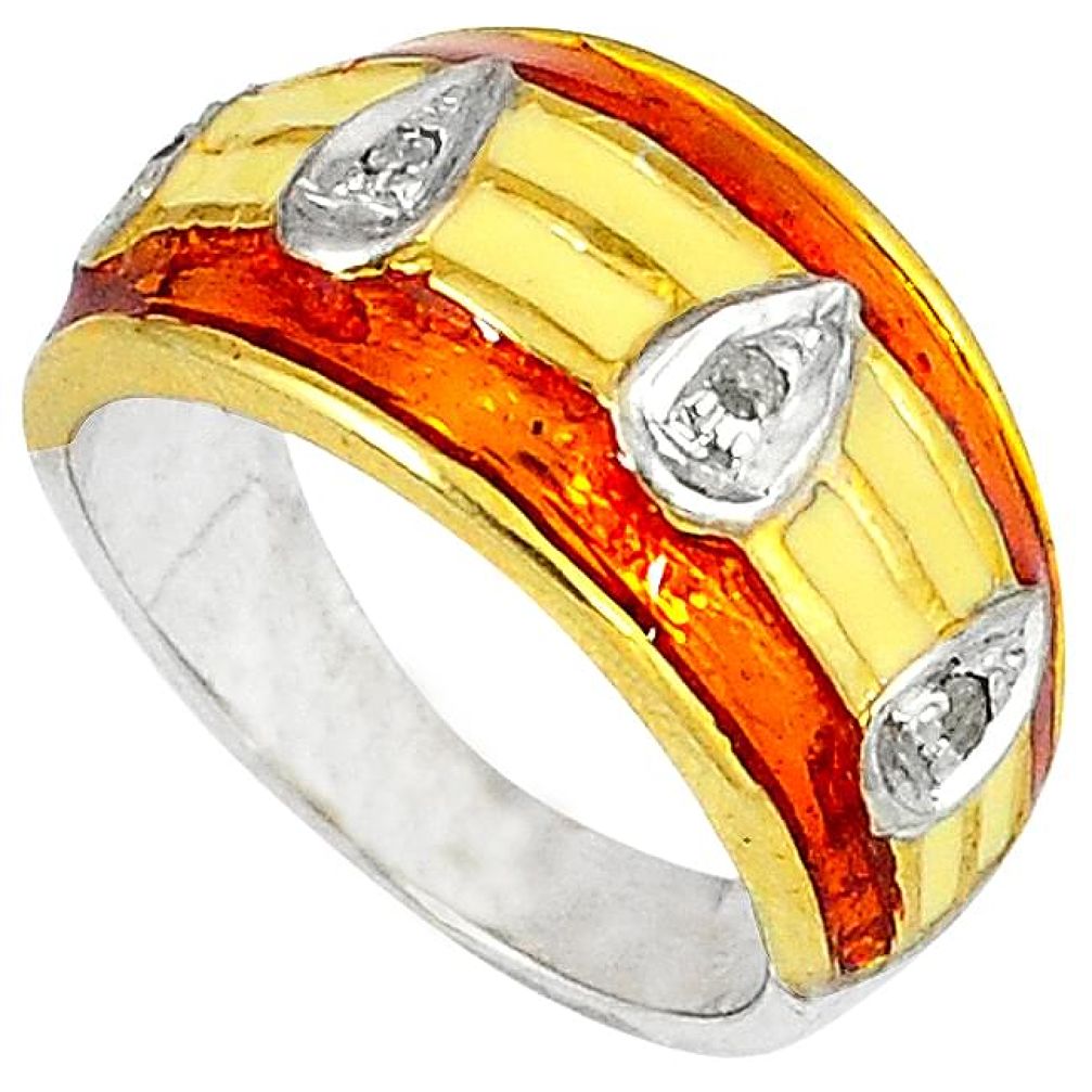 Victorian natural diamond enamel 925 silver 14k gold band ring size 8 v1184