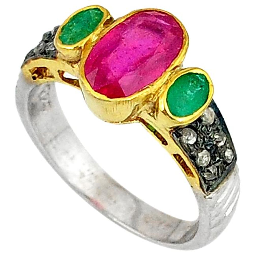 4.92cts estate natural diamond ruby emerald 925 silver gold ring size 8 v1316