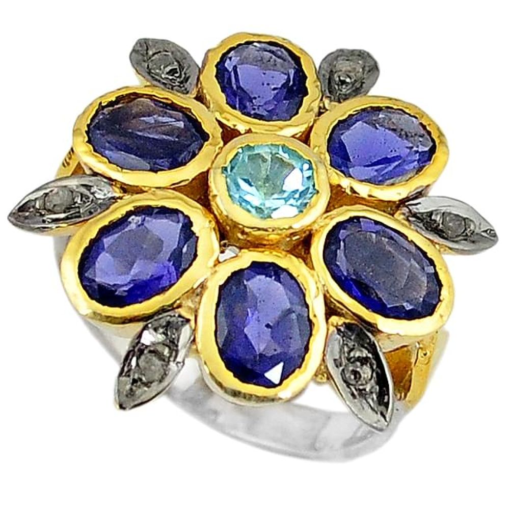 9.11cts vintage diamond blue iolite topaz 925 silver 14k gold ring size 9 v1672