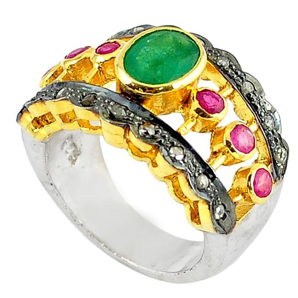 3.39cts estate diamond green emerald ruby 925 silver gold band ring size 7 v1866