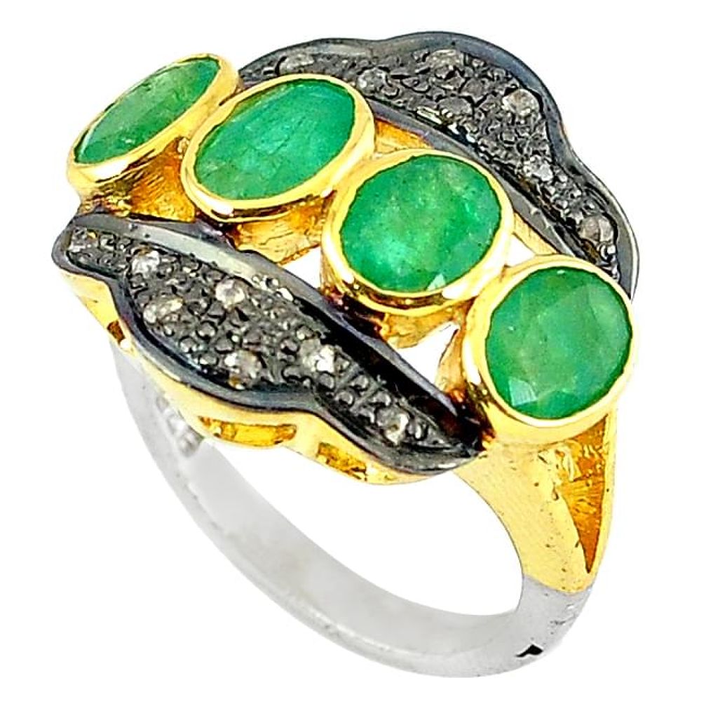 6.15cts handmade natural diamond green emerald 925 silver gold ring size 7 v1867