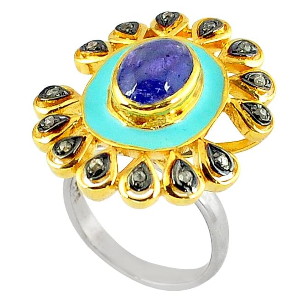 4.51cts estate diamond blue tanzanite enamel 925 silver gold ring size 7 v1871