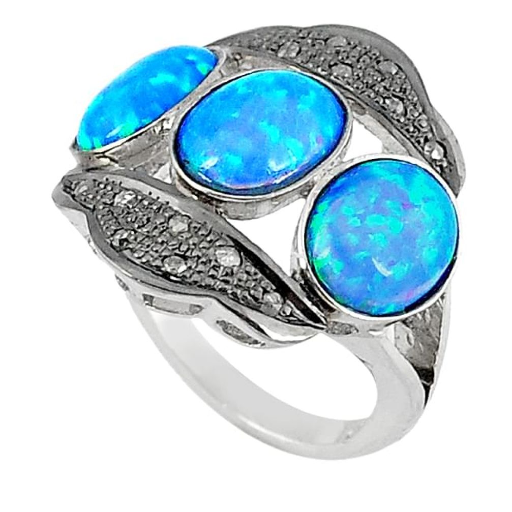 6.43cts vintage diamond blue australian opal (lab) 925 silver ring size 8 v1877