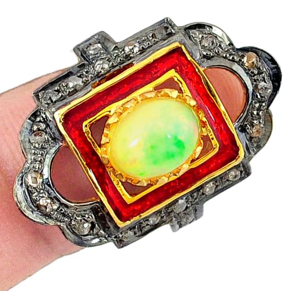 2.80cts estate natural diamond ethiopian opal 925 silver gold ring size 6 v1896