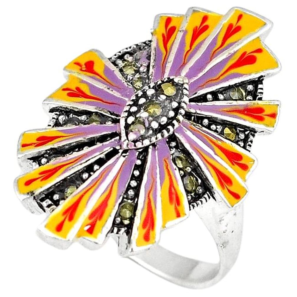 Art deco marcasite multi color enamel 925 sterling silver ring size 7.5 h52359