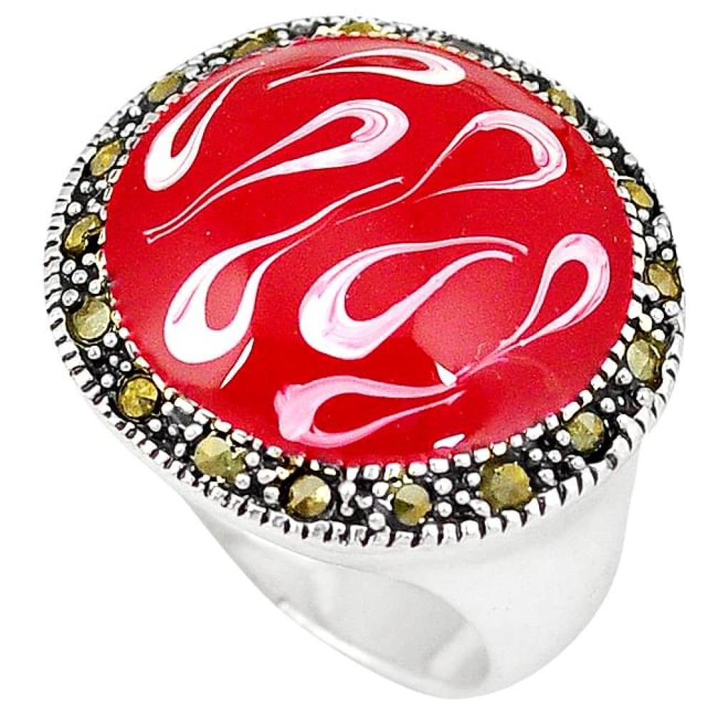 Art deco marcasite red enamel 925 sterling silver ring jewelry size 7 h52337