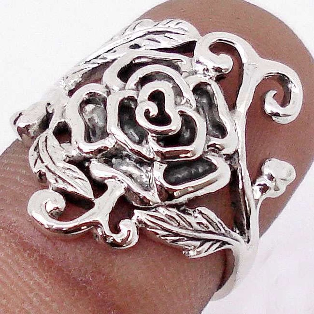 4.44gms ATTRACTIVE ROSE FLOWER WITH LEAF 925 SILVER RING JEWELRY SIZE 6 H9503