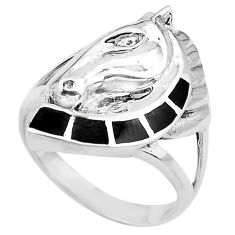 5.26gms black onyx enamel 925 sterling silver horse ring size 9 c4214