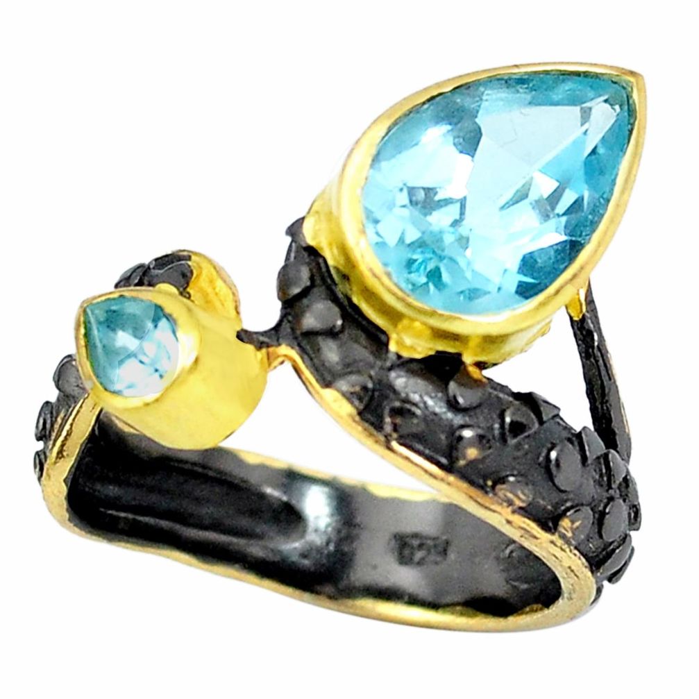 6.18cts black rhodium natural blue topaz silver 14k gold ring size 7.5 p32747