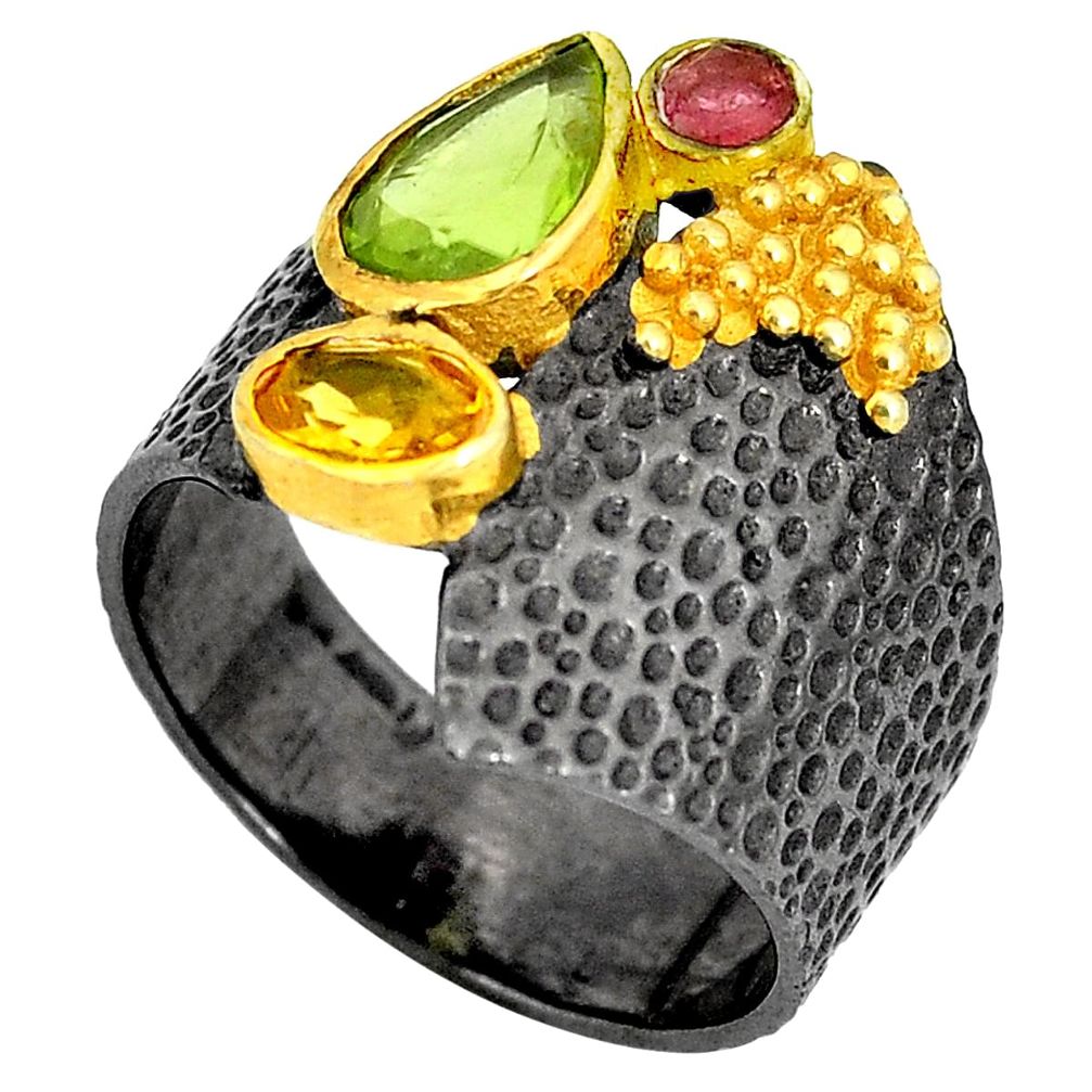 Black rhodium natural green peridot 925 silver 14k gold ring size 7.5 p32758