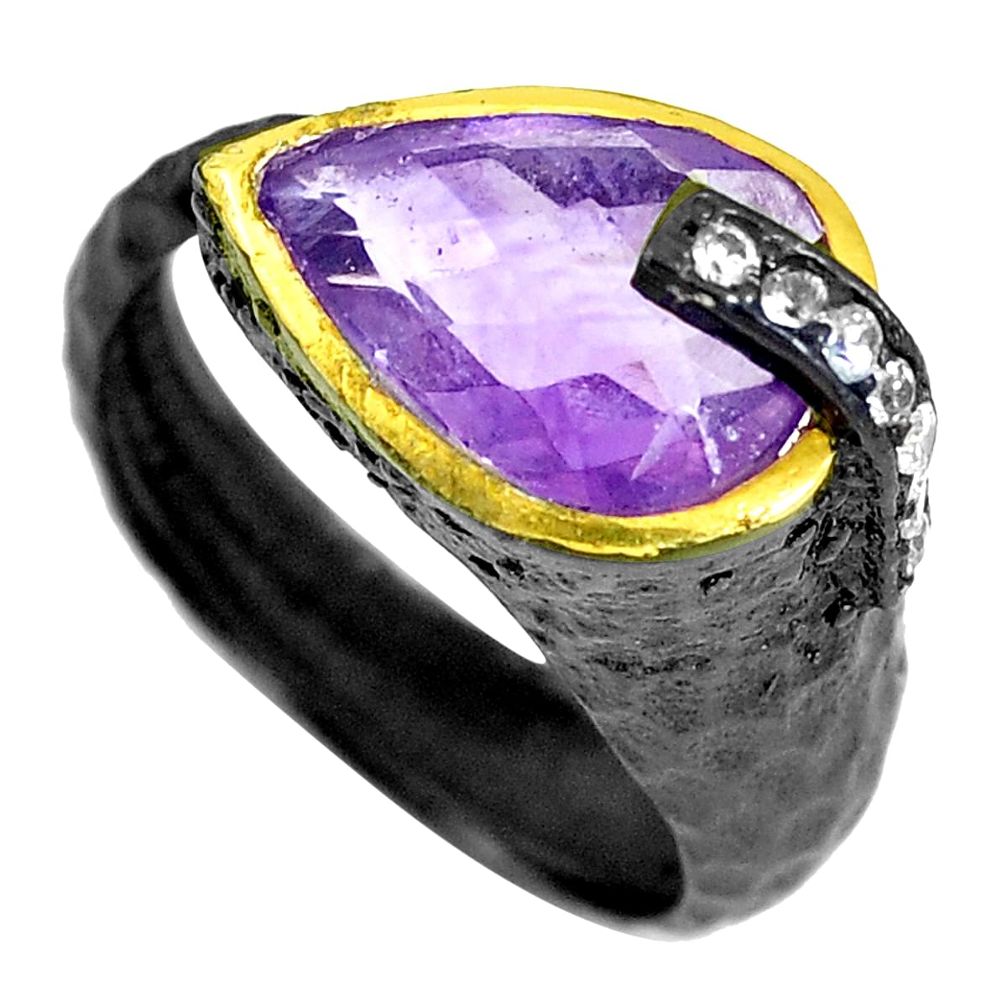 Black rhodium natural purple amethyst 925 silver 14k gold ring size 8.5 p45061
