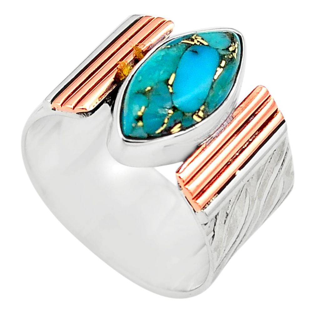 6.96cts blue copper turquoise 925 silver 14k gold solitaire ring size 8.5 p81009