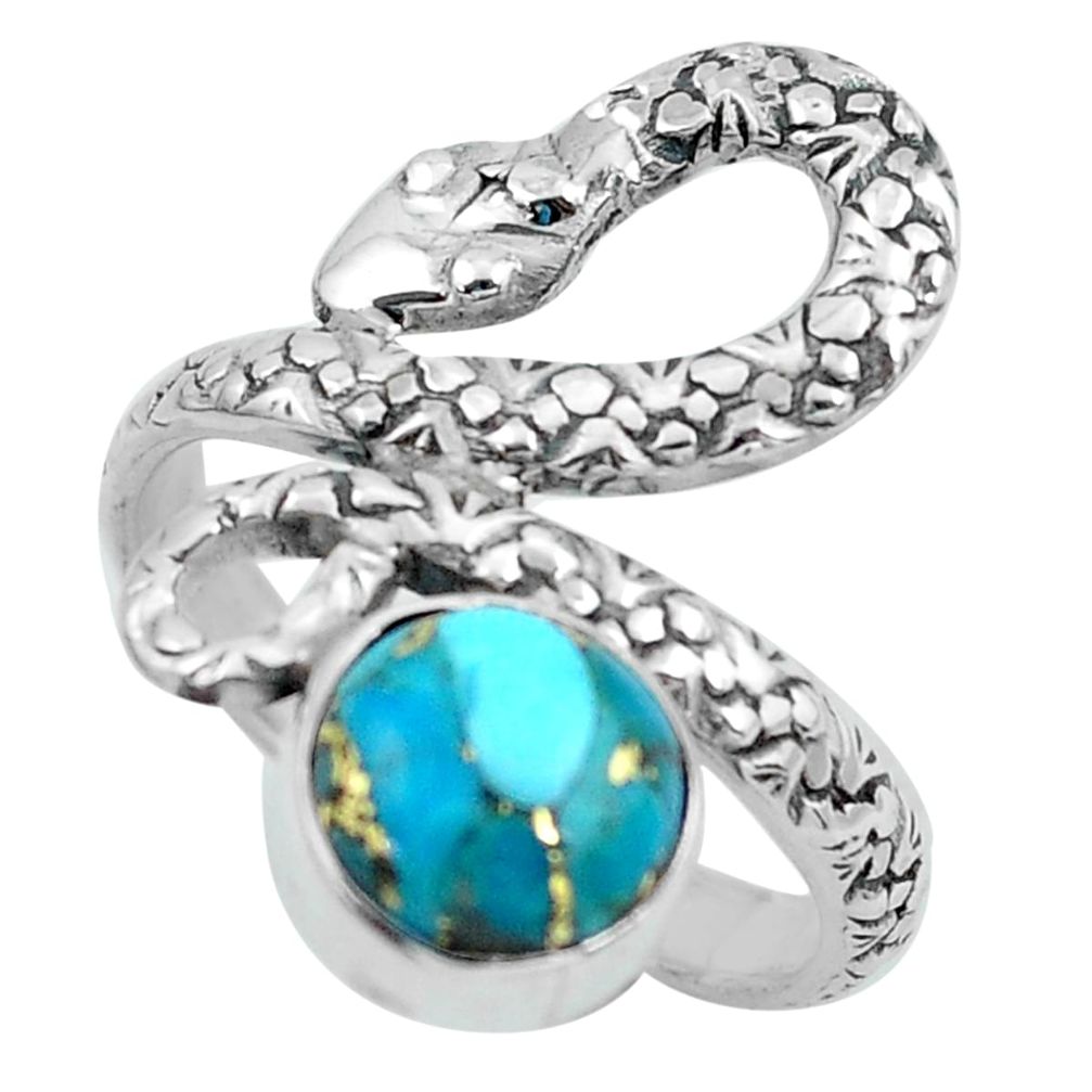 3.28cts blue copper turquoise 925 silver snake solitaire ring size 7.5 p62933