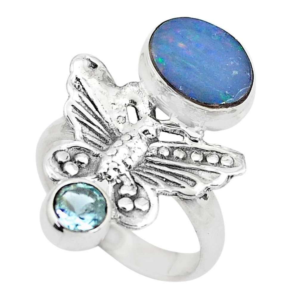 Blue doublet opal australian topaz 925 silver butterfly ring size 7 p61115