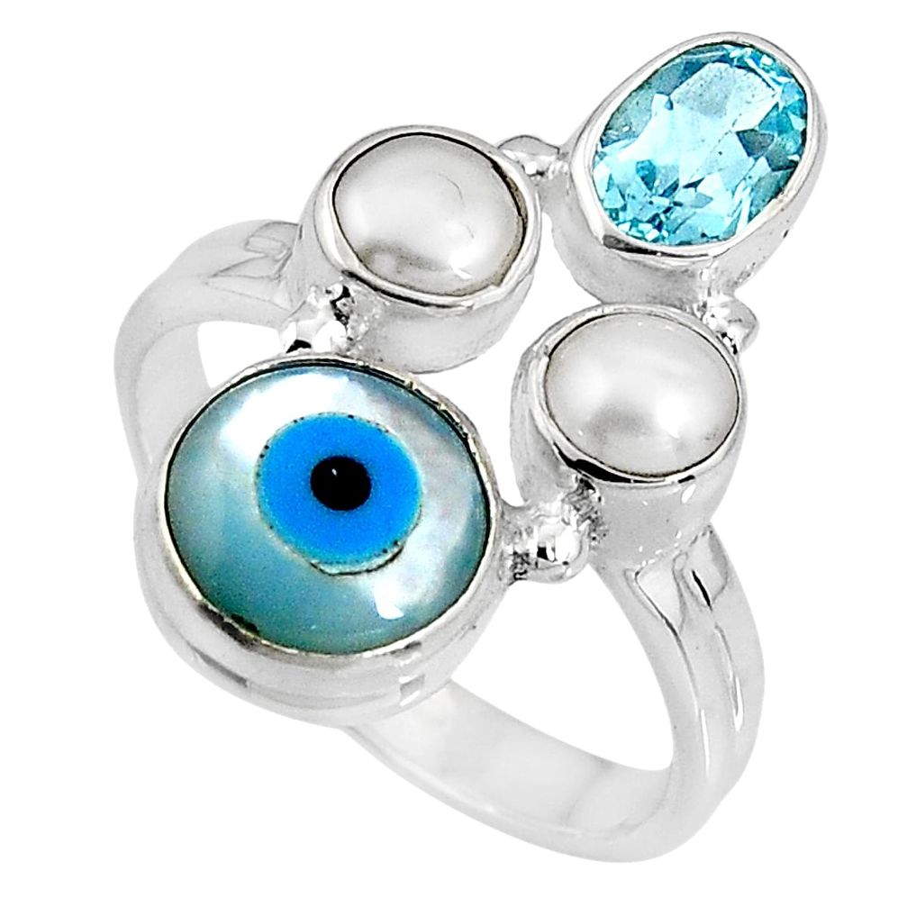 7.89cts blue evil eye talismans topaz 925 sterling silver ring size 8.5 p90721