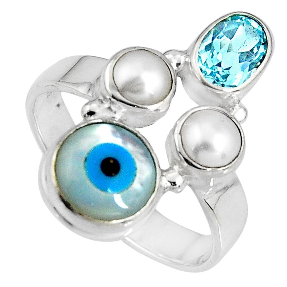 7.89cts blue evil eye talismans topaz 925 sterling silver ring size 7.5 p90722