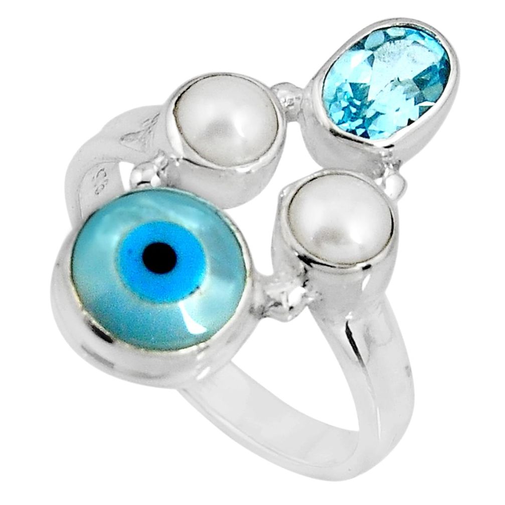 7.53cts blue evil eye talismans topaz 925 sterling silver ring size 8 p90730