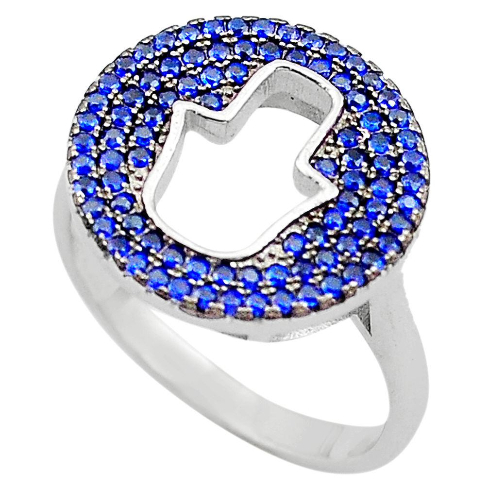 2.63cts blue sapphire (lab) 925 silver hand of god hamsa ring size 8.5 c4136