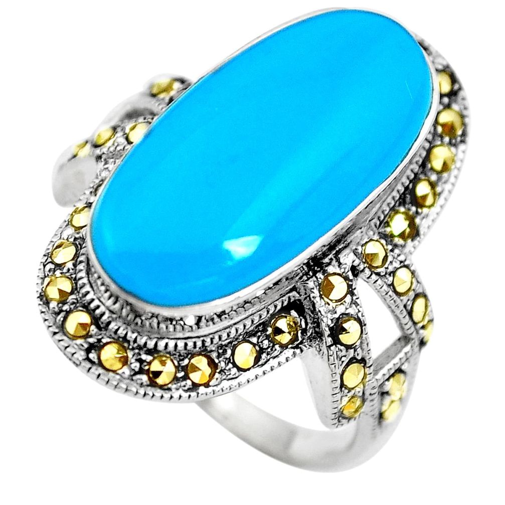 7.83cts blue sleeping beauty turquoise marcasite 925 silver ring size 7.5 c2757