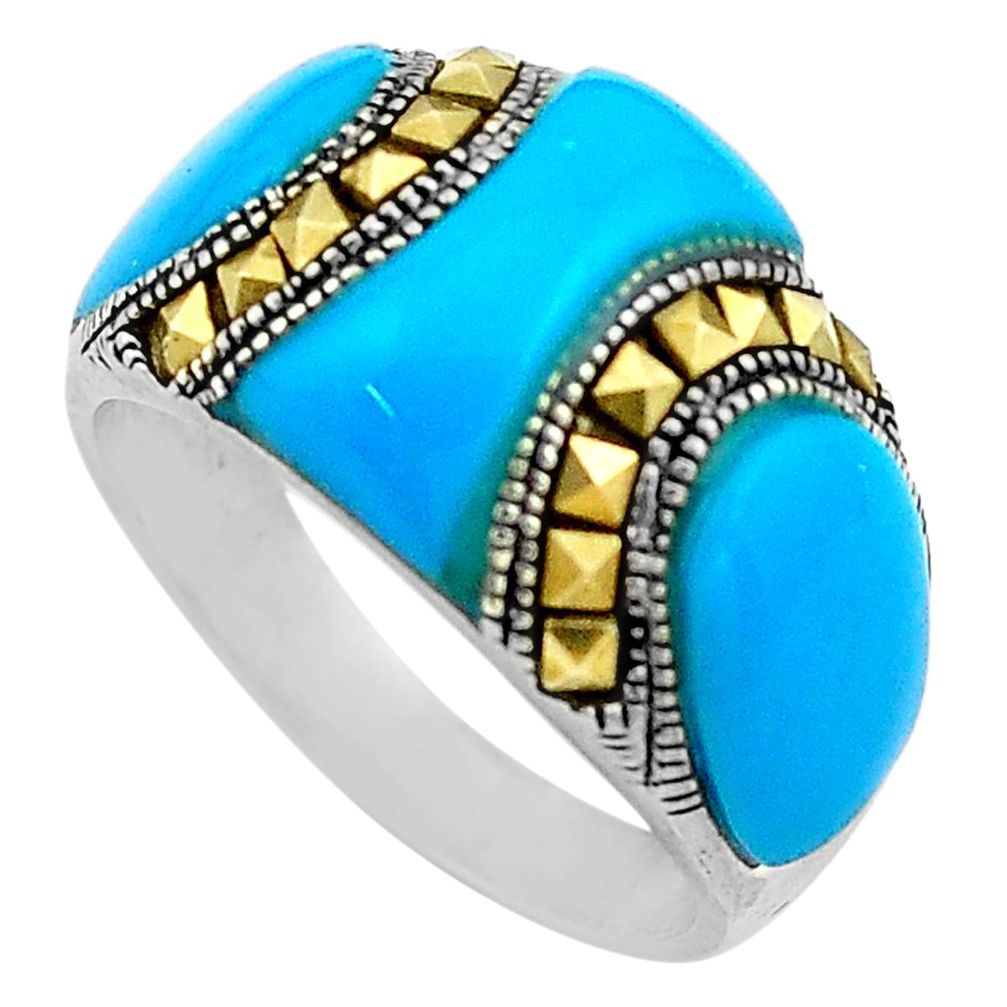 11.66cts blue sleeping beauty turquoise marcasite 925 silver ring size 8.5 c4091