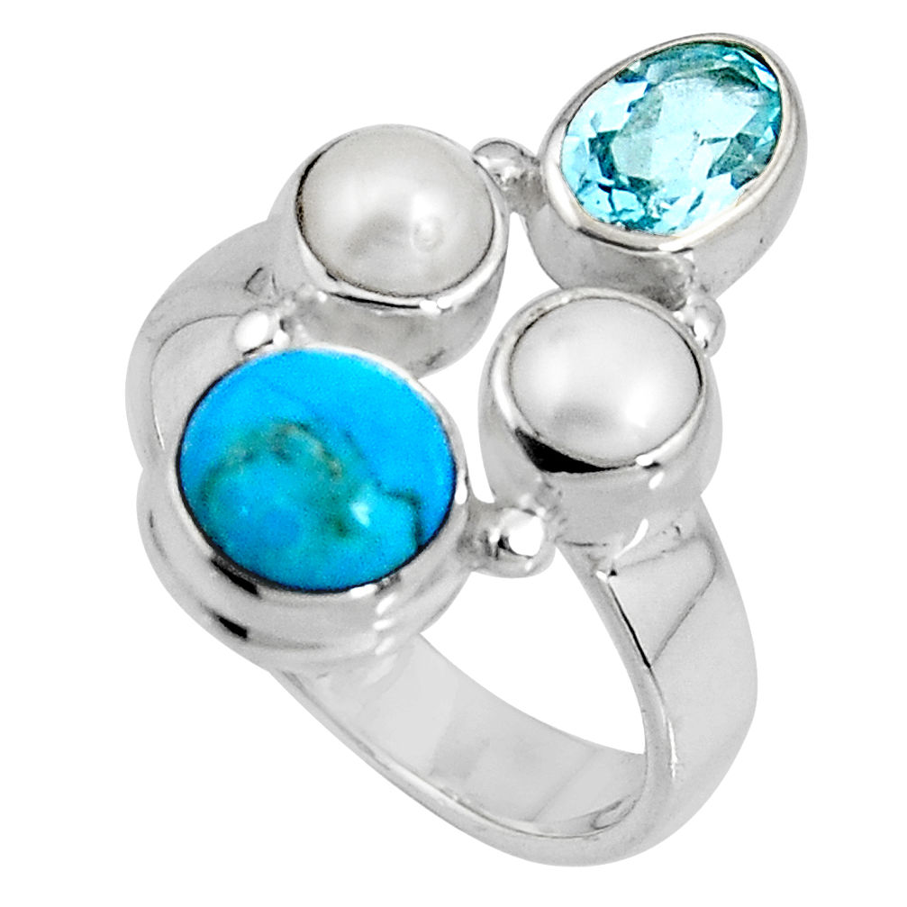 5.36cts blue sleeping beauty turquoise topaz pearl 925 silver ring size 7 p90670