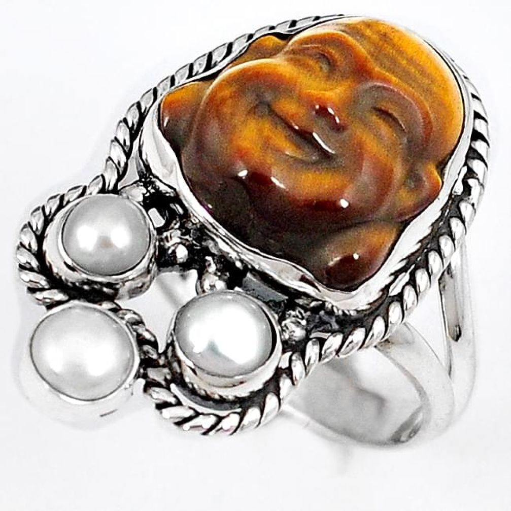 BROWN TIGERS EYE PEARL 925 STERLING SILVER LAUGHING BUDDHA RING SIZE 7 H23631