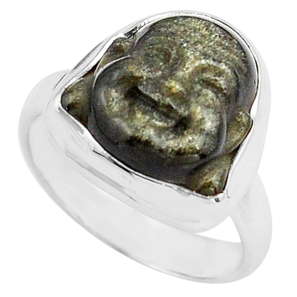 Buddha carving sheen black obsidian silver solitaire ring size 6.5 p88166