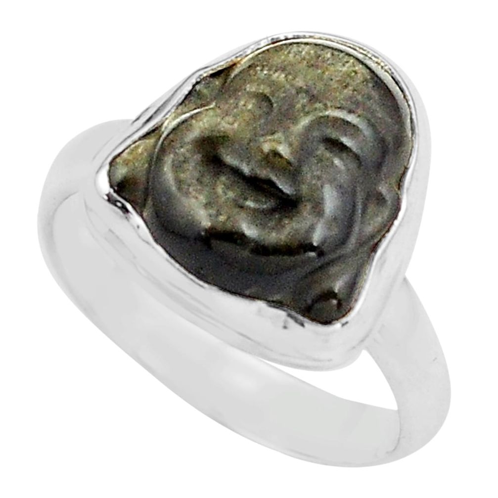 Buddha carving sheen black obsidian silver solitaire ring size 8.5 p88167