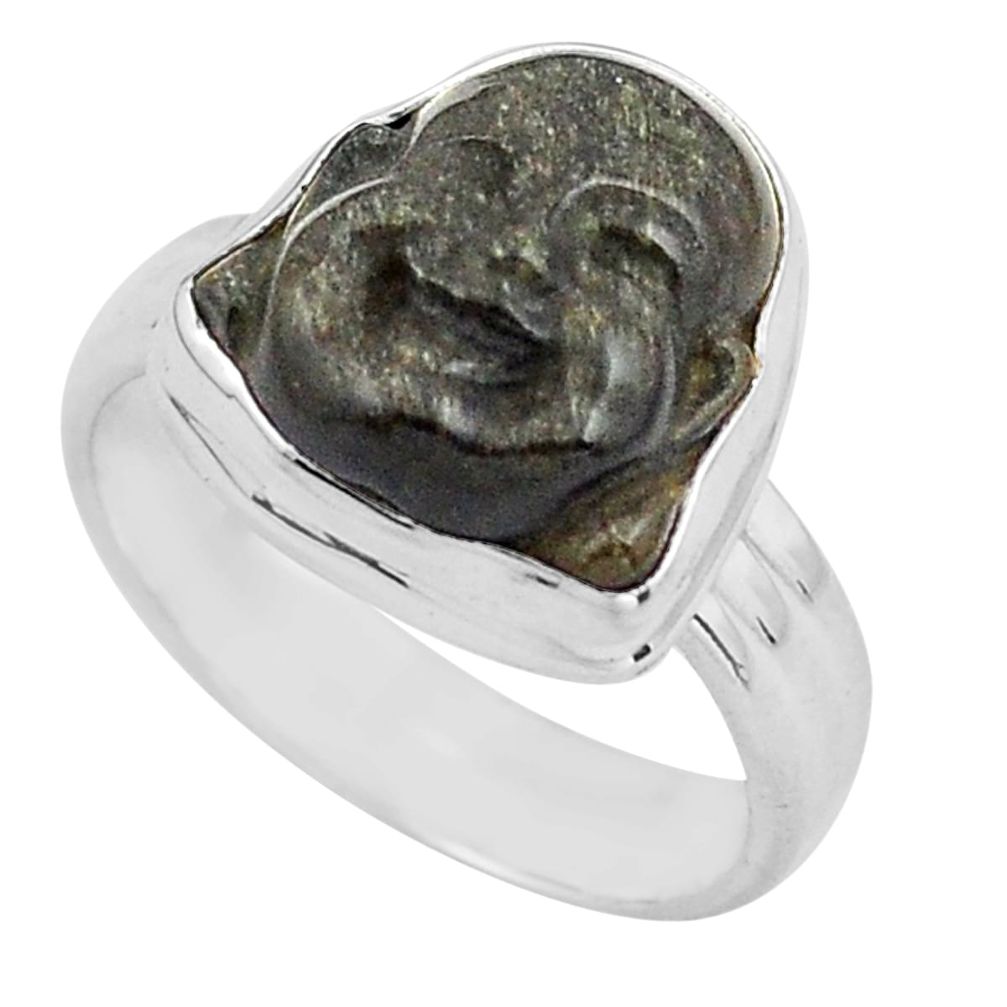 Buddha carving sheen black obsidian silver solitaire ring size 7.5 p88169