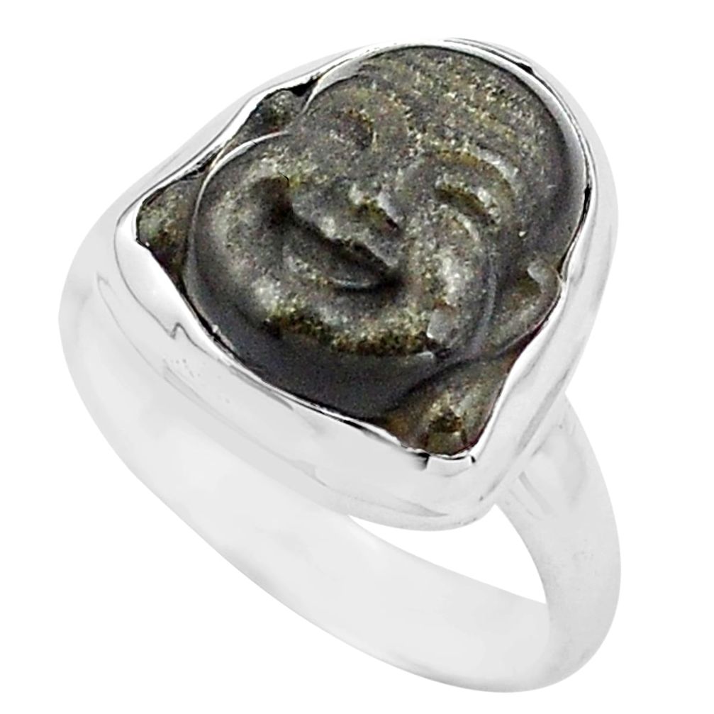 Carving buddha natural sheen black obsidian silver solitaire ring size 7 p88162